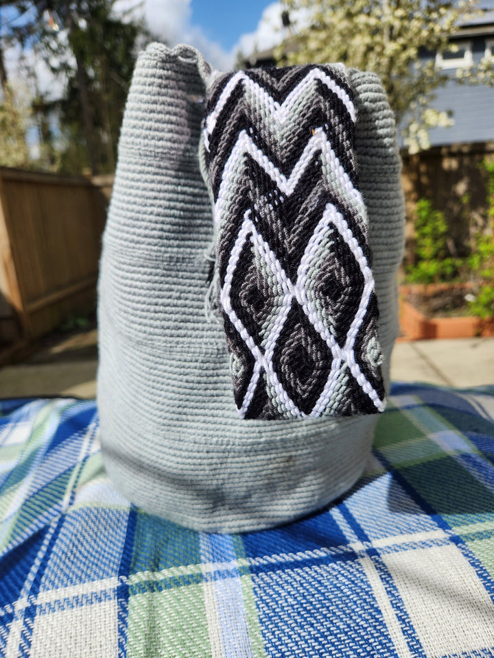gray crochet bag colorful strap view 4