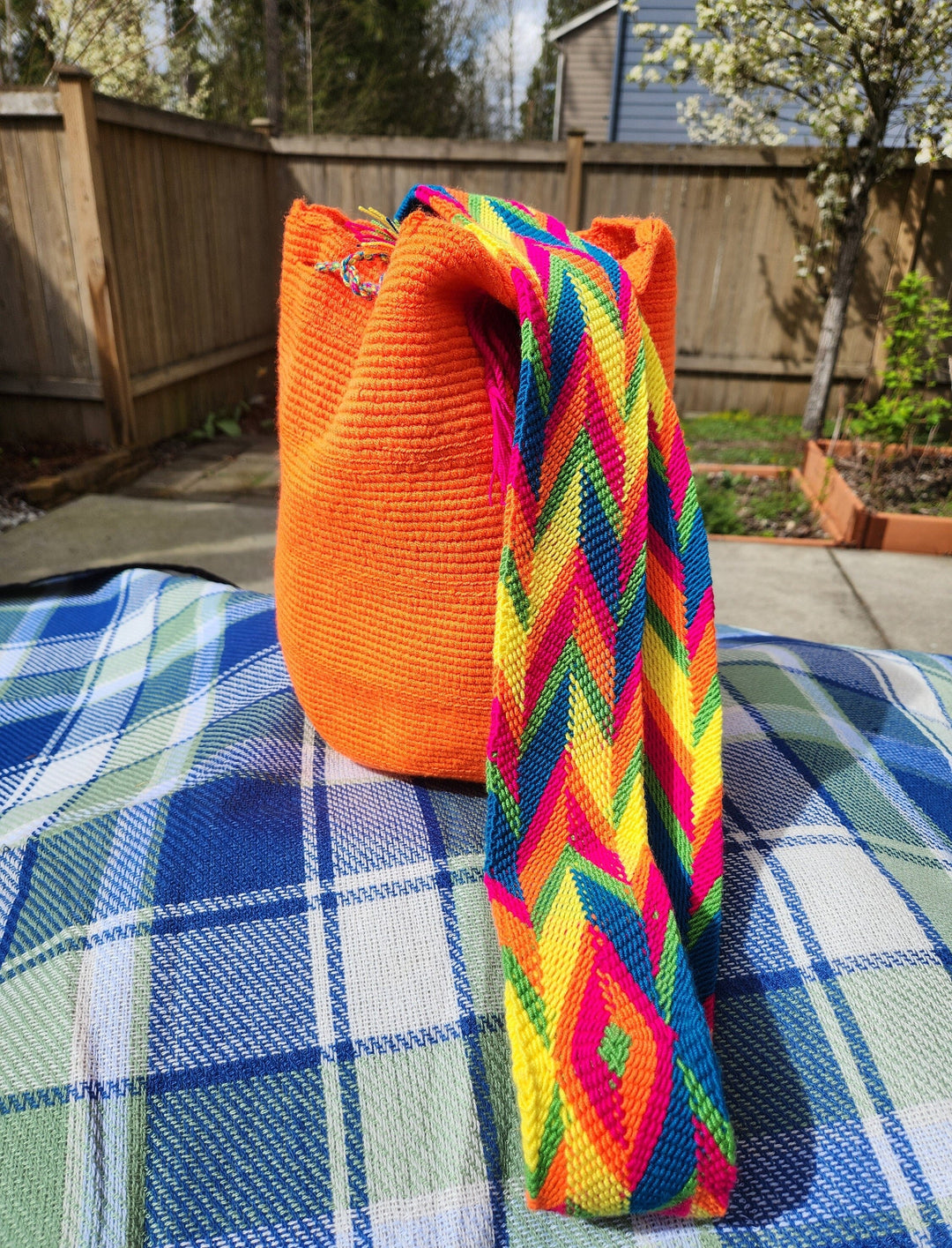 Crochet bag colorful strap view