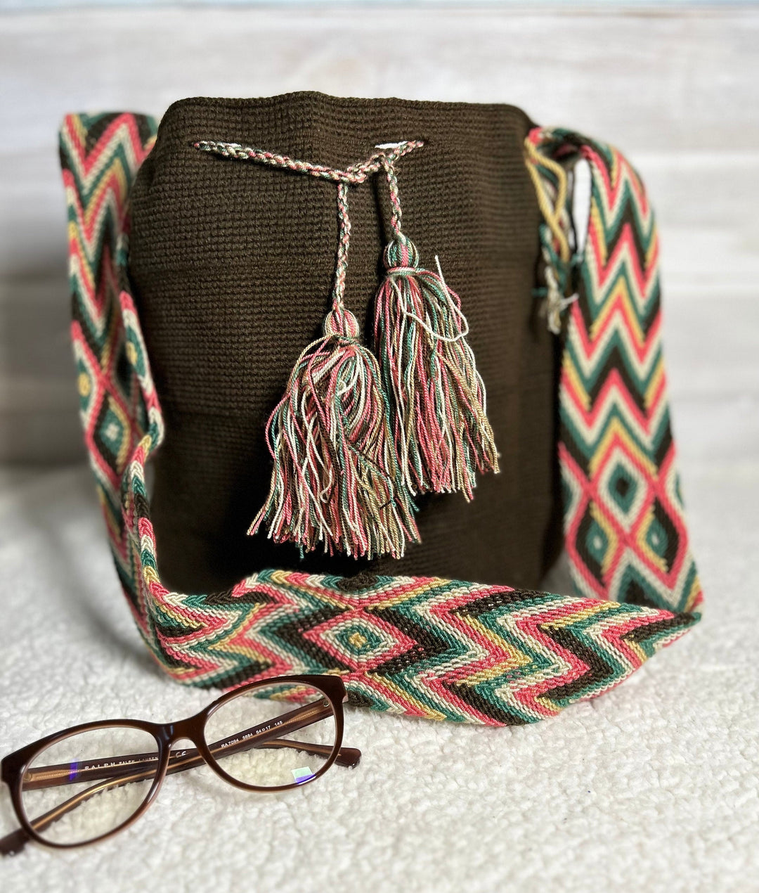 Brown crochet bag front view