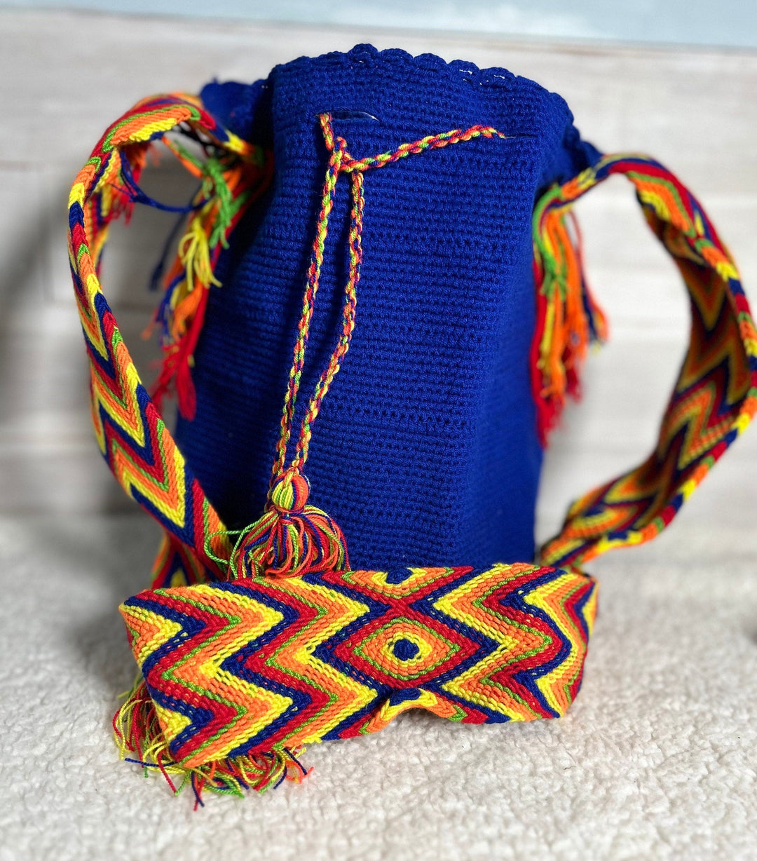 blue crochet bag front view