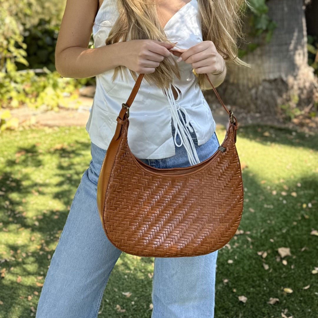 Brown Leather Purse - Woven Leather Handbag