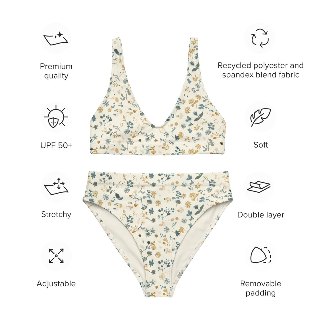 Floral bikini set with sustainability and feature icons on a white background