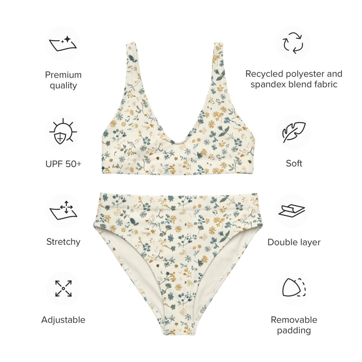 Floral bikini set with sustainability and feature icons on a white background