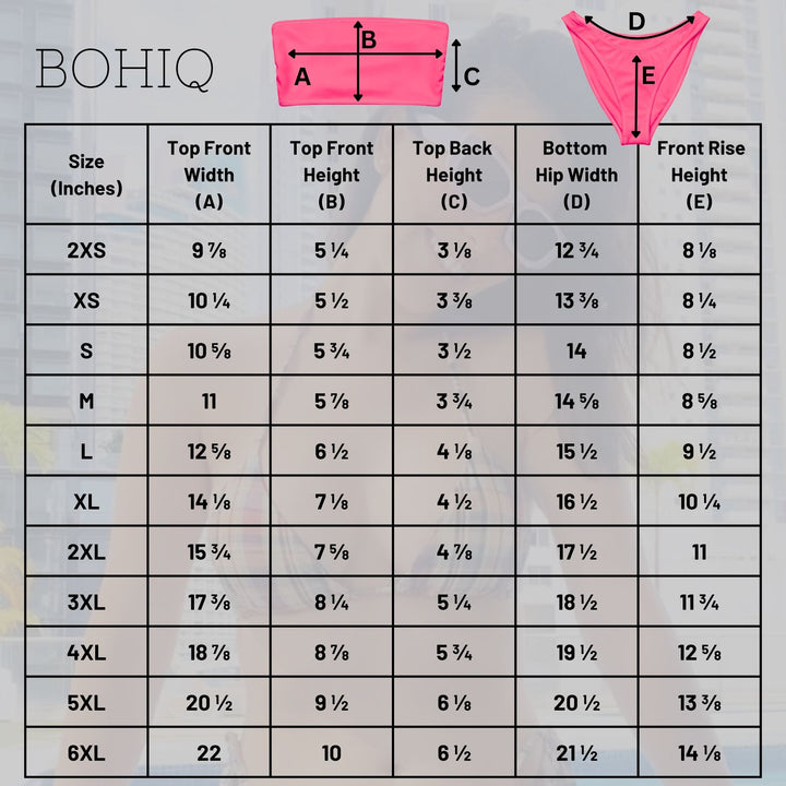 Size chart for BOHIQ clothing with measurements in inches