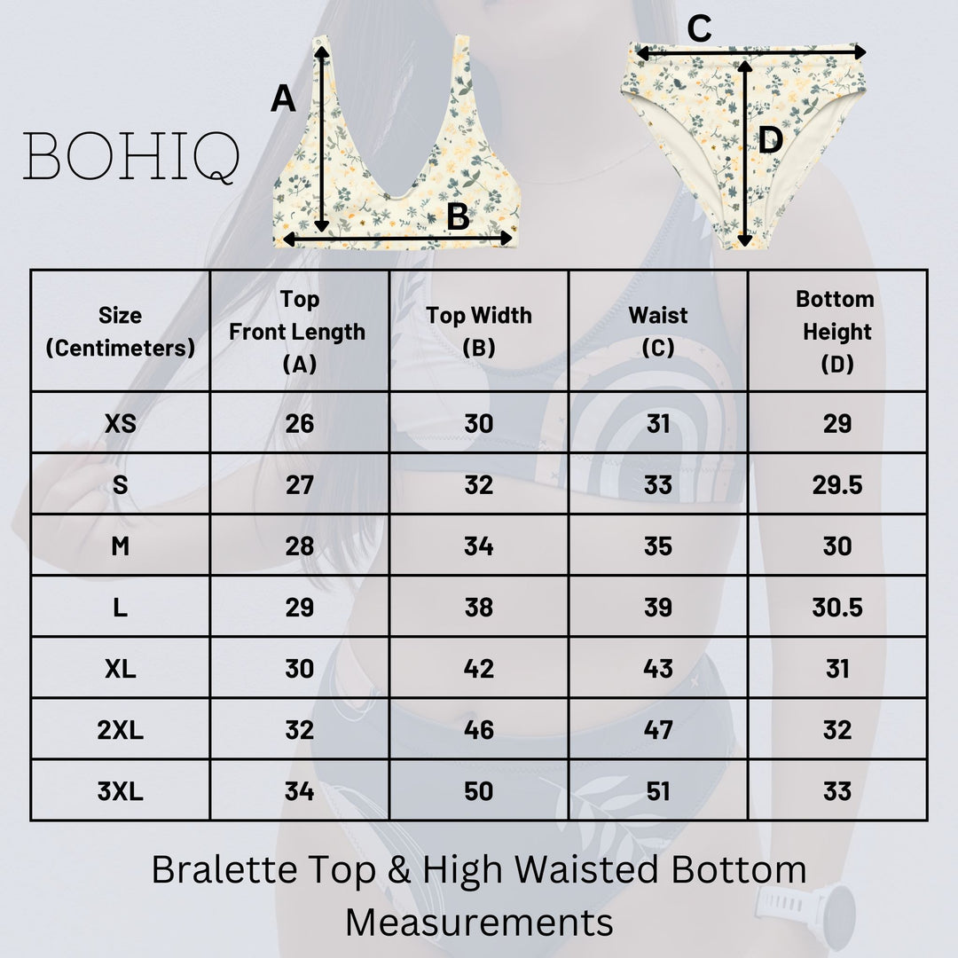 Measurement chart for BOHIQ bralette top and high waisted bottom with labeled dimensions.