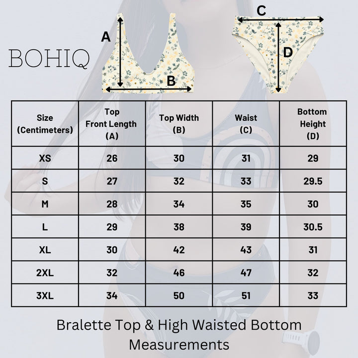Measurement chart for BOHIQ bralette top and high waisted bottom with labeled dimensions.