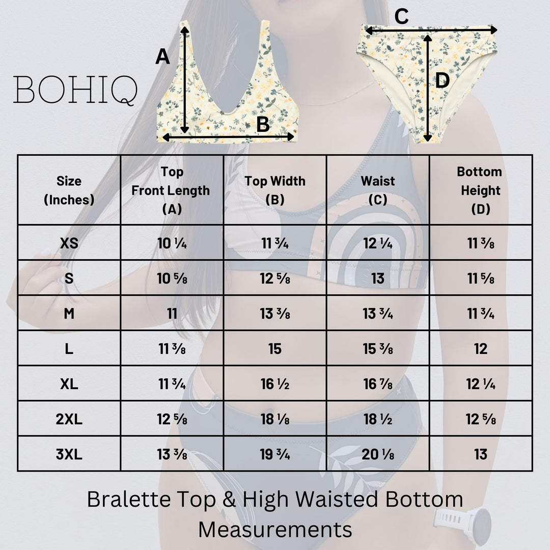 Measurement chart for BOHIQ bralette top and high waisted bottom with labeled dimensions.