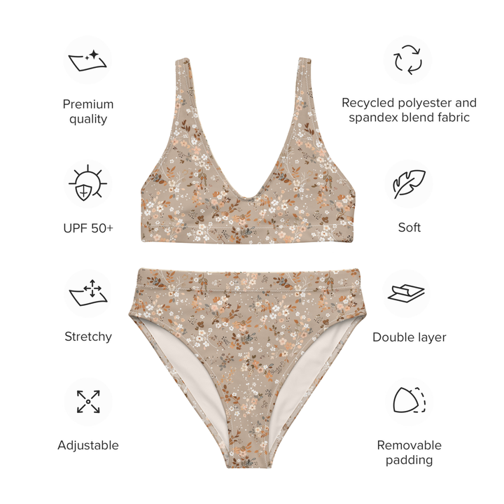 Floral patterned bikini set with sustainability and feature icons on a white background