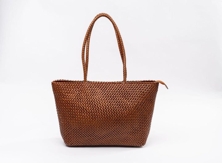 Dark Brown Leather Shoulder Bag - Large Woven Tote Bag