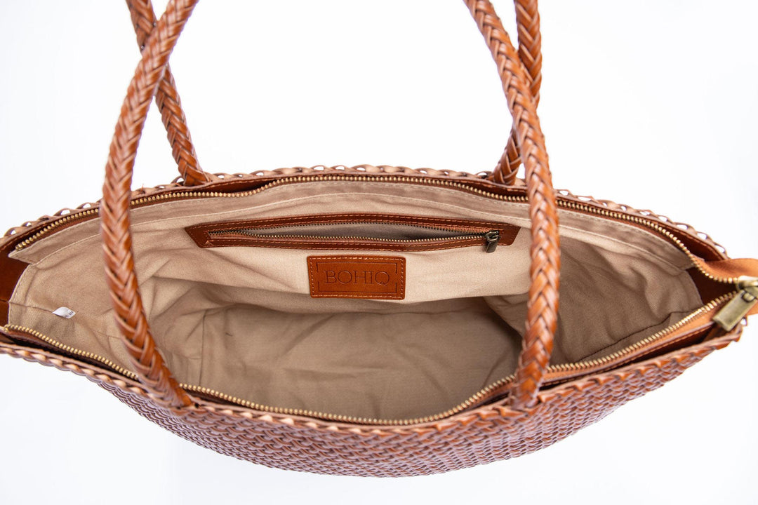 Dark Brown Leather Shoulder Bag - Large Woven Tote Bag