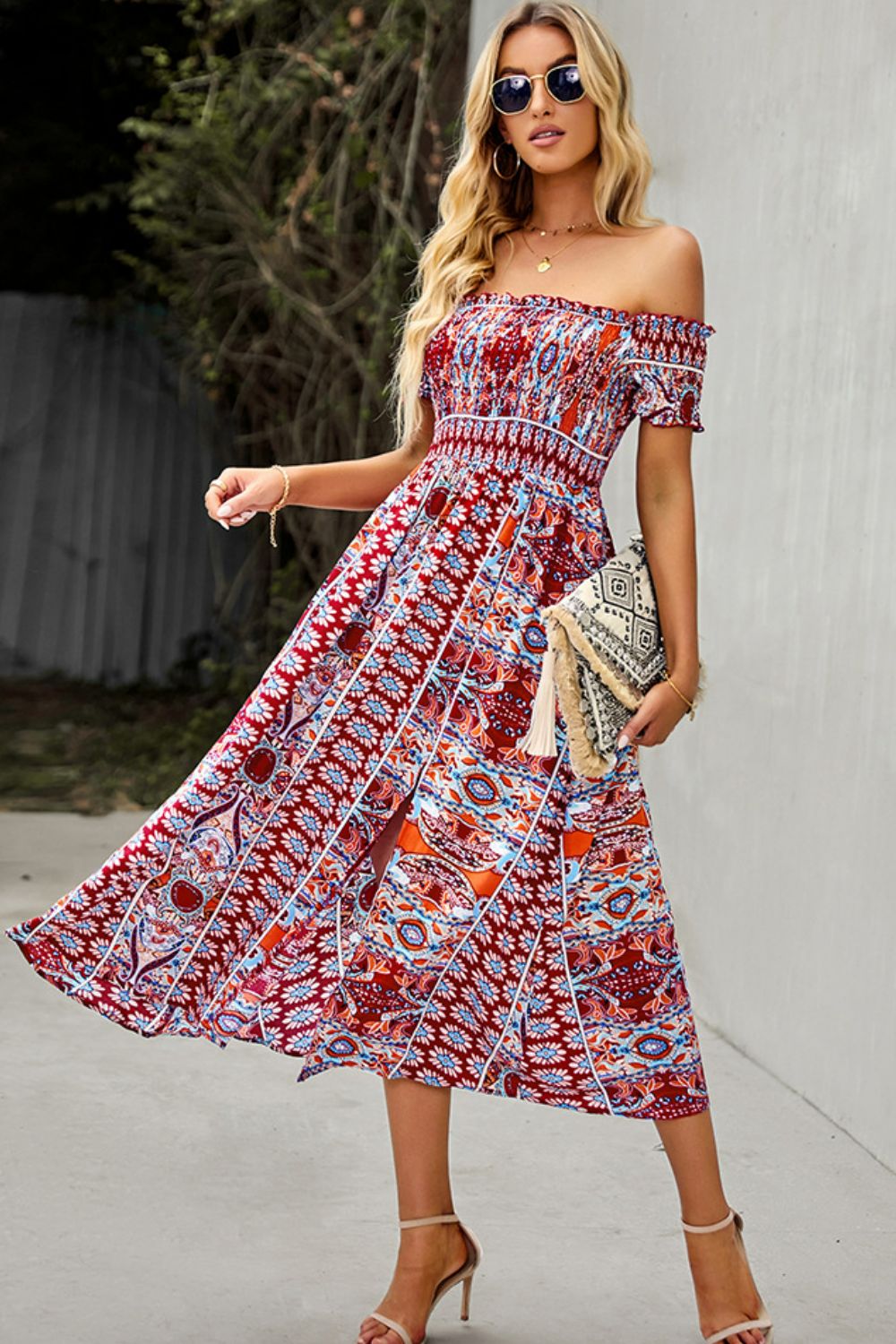 Off-Shoulder Split Dress Bohemian Midi Dress