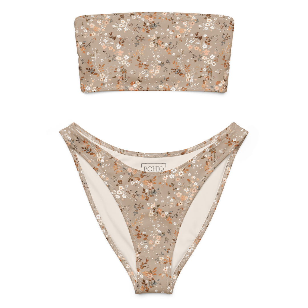 Floral Bandeau Bikini Set in Soft Brown