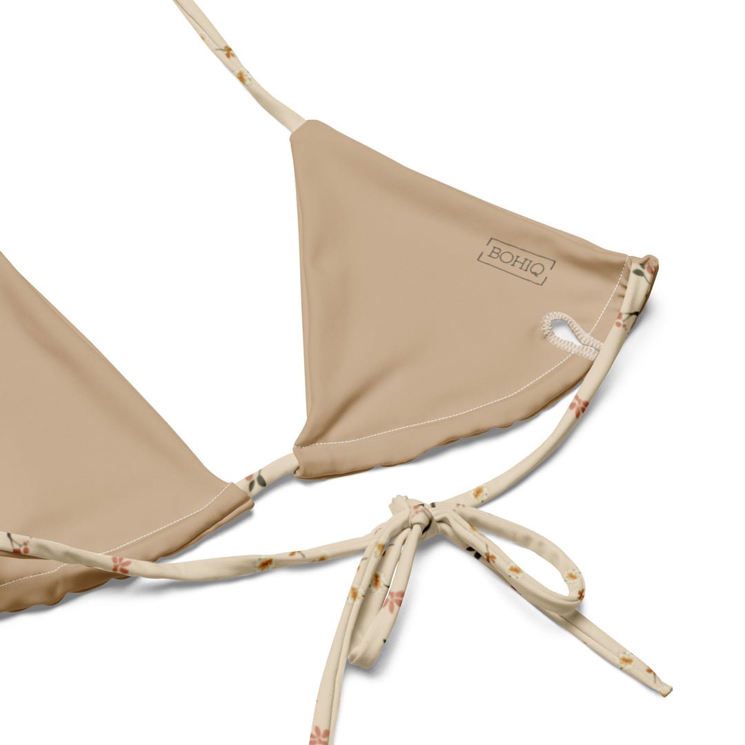 Neutral Beige Floral String Bikini Top