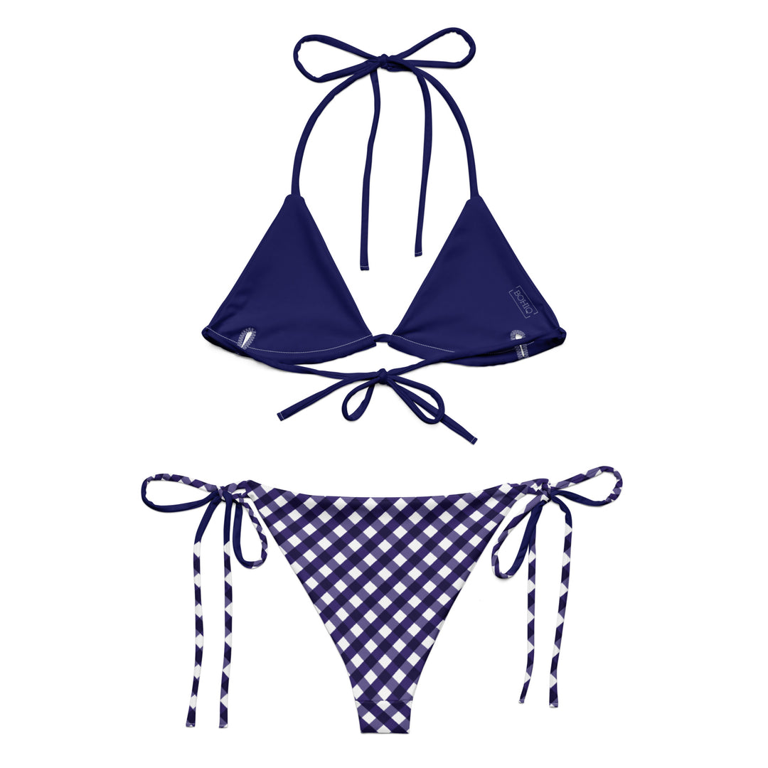 Navy blue bikini set with checkered bottom on a white background