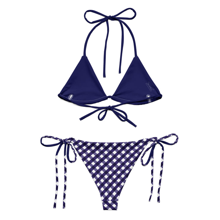 Navy blue bikini set with checkered bottom on a white background