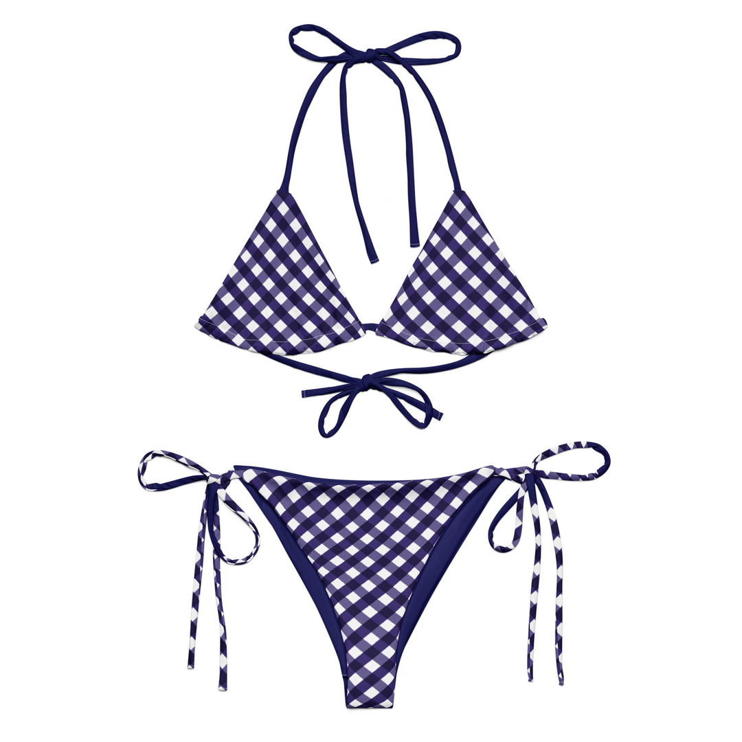 Navy and white checkered bikini set on a white background