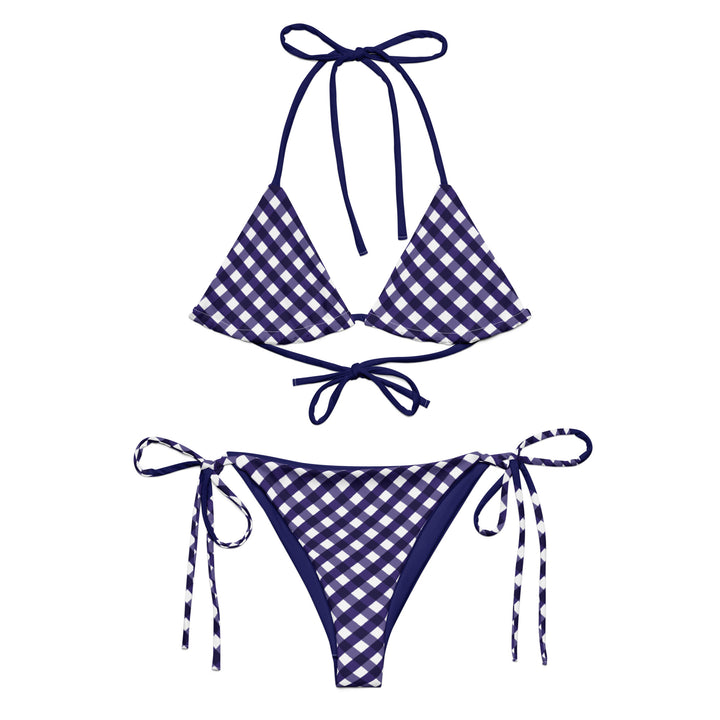 Navy and white checkered bikini set on a white background