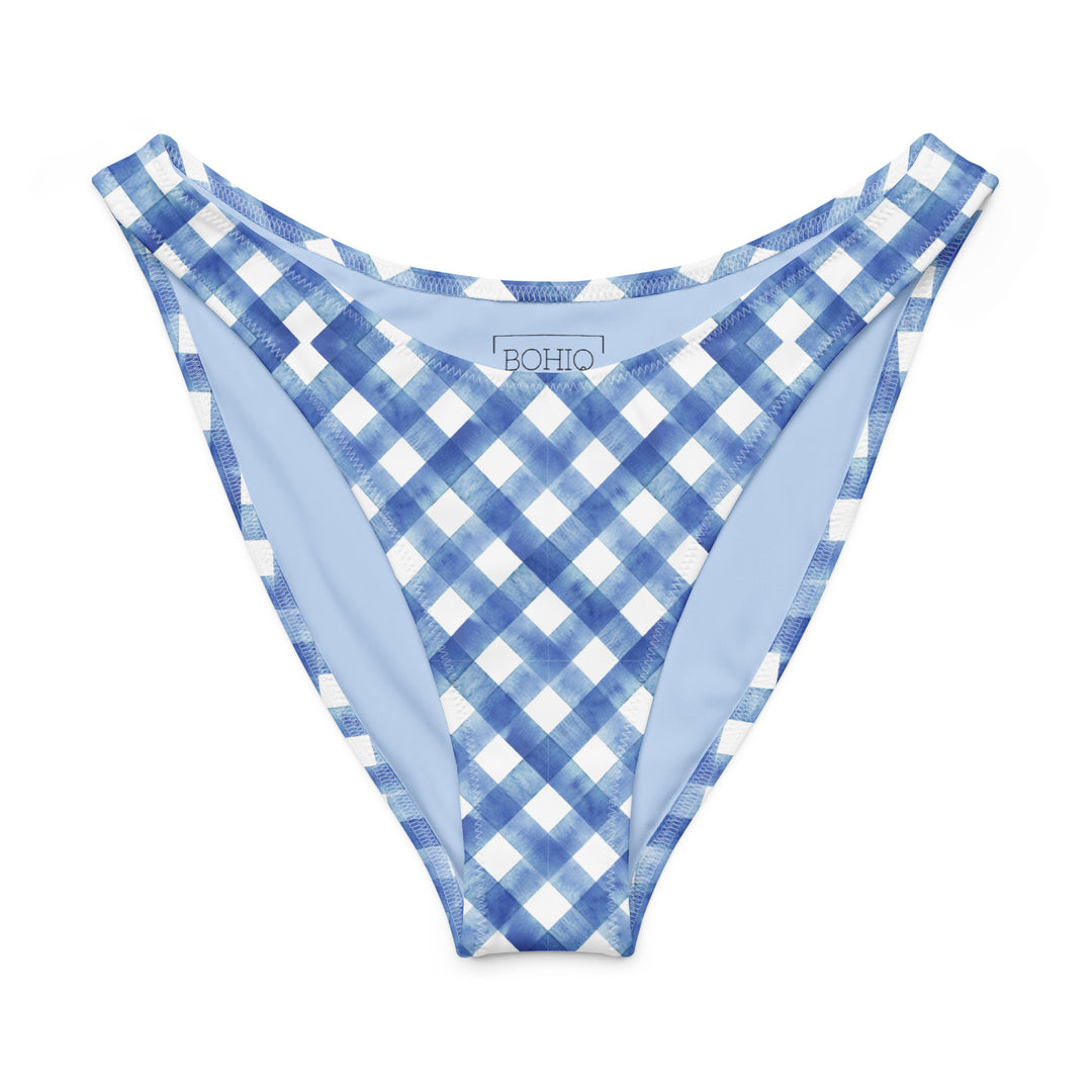 Blue Gingham V-Cut High Leg Bikini Bottom 