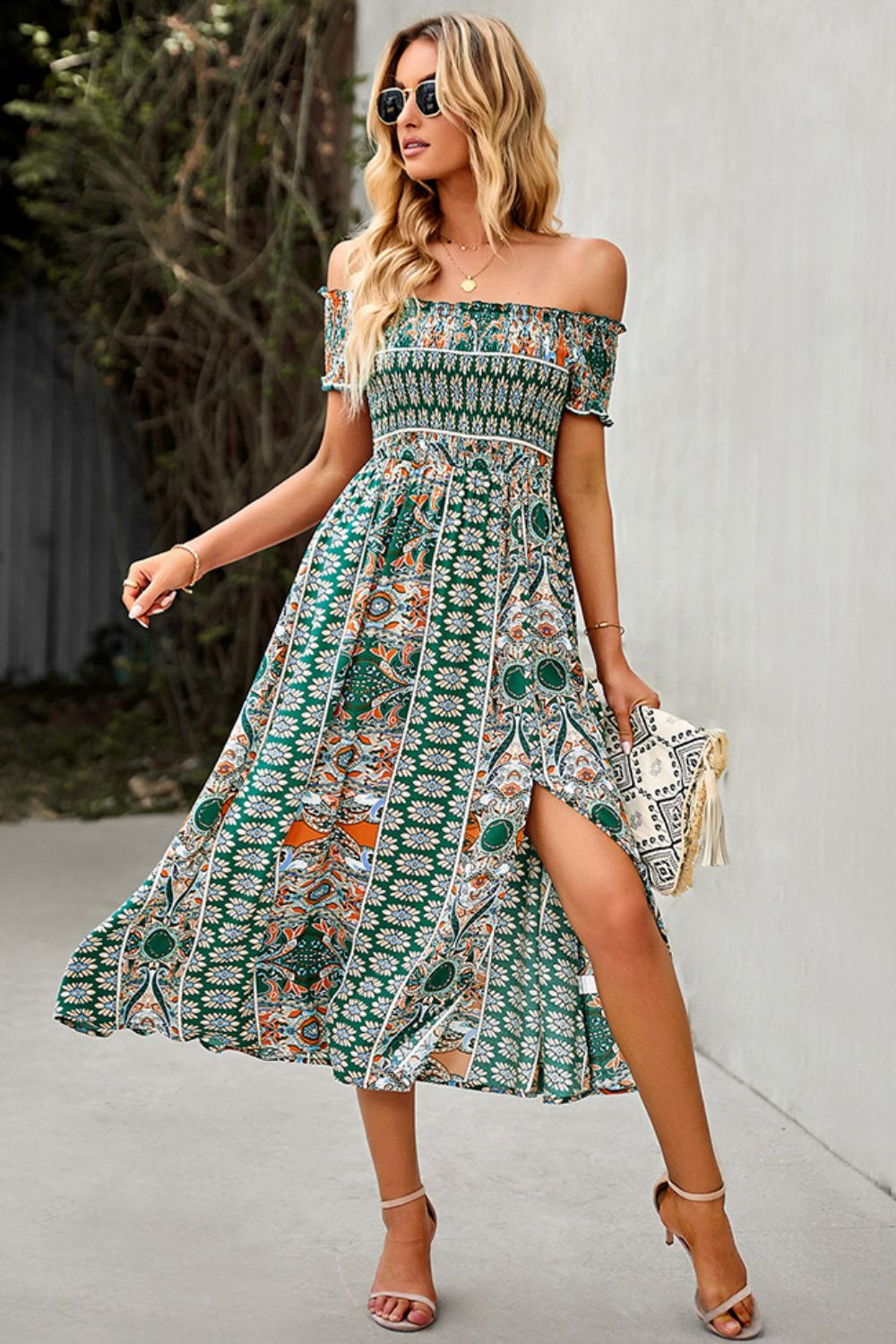 Off-Shoulder Split Dress Bohemian Midi Dress