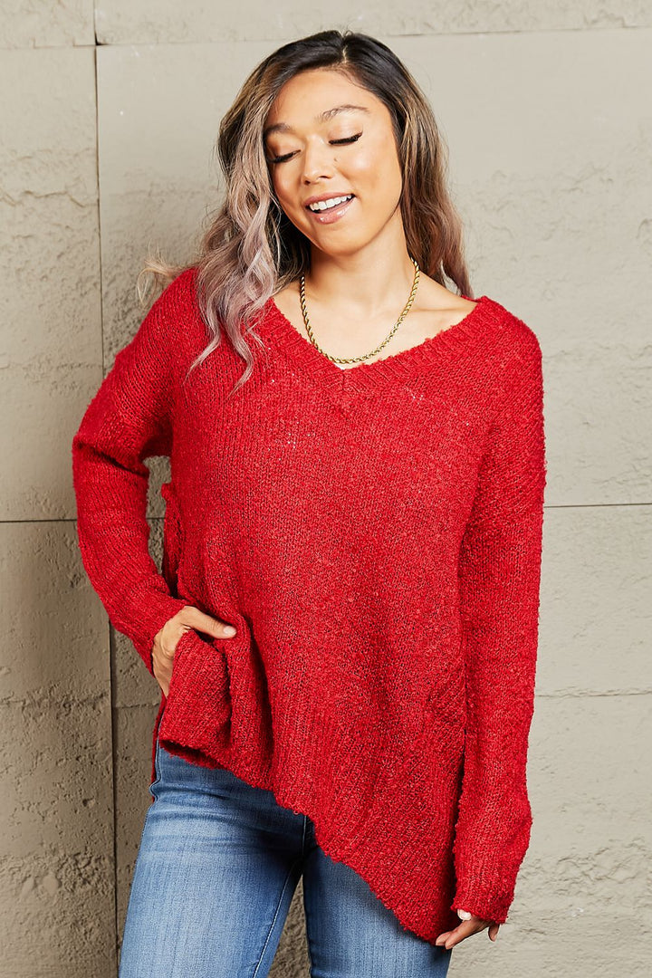 Draped Detail Knit Sweater in Red