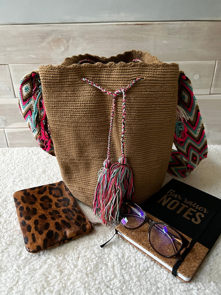 light brown crochet bag front view 3