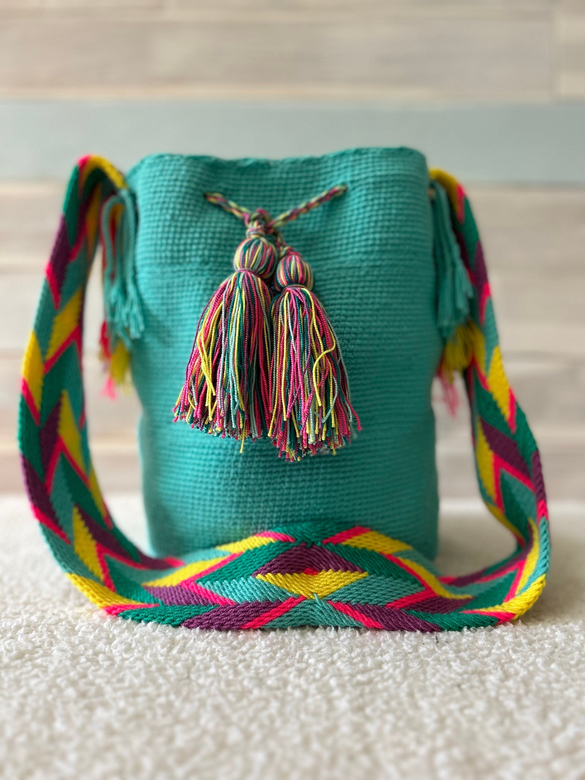 Handmade Leather Handbag with Wayuu-Crocheted Strap on sale Sky Blue